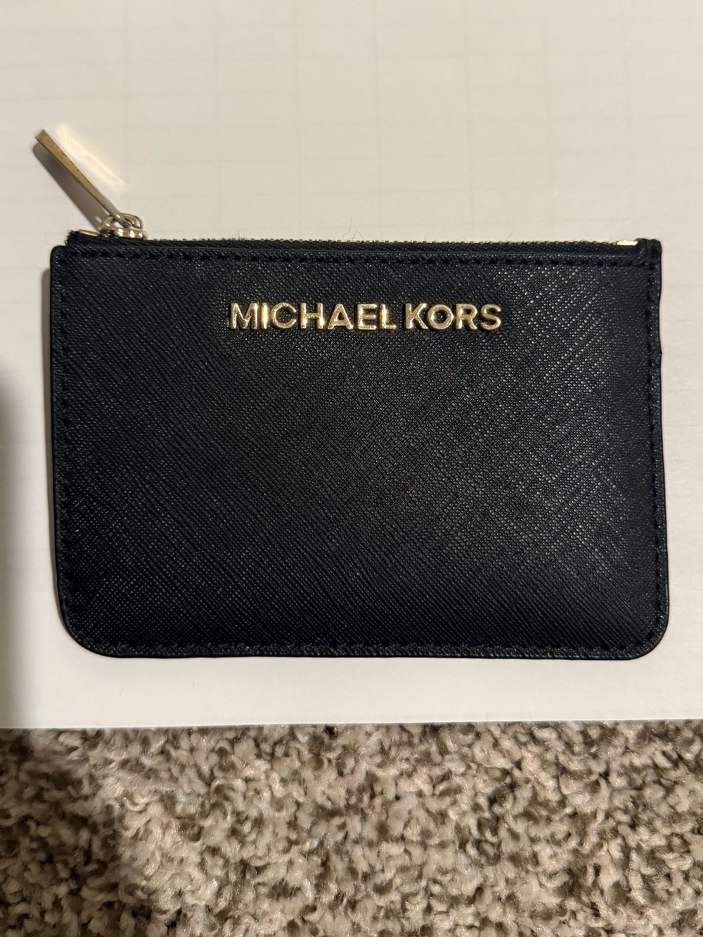 Michael Kors Black Saffiano Leather Zip Card Case with Gold Logo